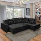 Sofá Retrátil Canto de Fábrica 6 Lugares Com Chaise D Reclinável 285Cm Mola Veludo Preto - SóSofá