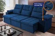 Sofá Retrátil Reclinável Verona USB + Porta Copo 2,30m Suede Velut Azul c/ Molas no Assento - King House