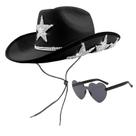 Sombrero de vaquera blanco con gafas de sol en forma de corazón - Sombrero vaquero con estrella brillante para mujer, ideal para fiesta temática de despedida de soltera (Estrella negra)