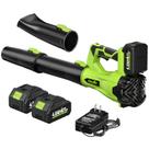Soprador de Folhas Sem Fio FULLYEA 650CFM/180MPH, Elétrico 21V com 3 Tubos e 2 Baterias de 4.0Ah, 6 Modos de Velocidade, Soprador a Bateria para Limpeza de Pátio, Jardim, Garagem, Gramado (Verde)