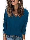 Suéter AKEWEI feminino casual com decote em V com botões azul verde Suéter AKEWEI feminino casual com decote em V com botões azul verde