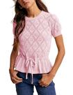 Suéter Bianstore feminino casual de manga curta, crochê, rosa