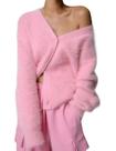 Suéter de cardigã Flygo Fuzzy Mohair com decote em V, botão rosa para mulheres