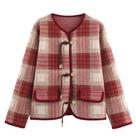Suéter de cardigã HOULENGS Vintage com estampa xadrez vermelha para mulheres