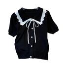 Suéter elegante de manga curta com acabamento contrastante com cordões Roupas femininas