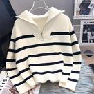 Suéter Feminino Com Zíper E Listras, Estilo Curto, Premium, Primavera E Outono
