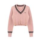 Suéter Feminino Coreano Com Decote Em V E Bordado De Desenho Animado, Top De Tricô Macio De Manga Suéter Feminino Coreano Com Decote Em V E Bordado De Desenho Animado, Top De Tricô Macio De Manga