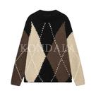 Suéter Feminino De Tricô Com Decote Redondo E Padrão Losango, Moda Casual De Rua, Pulôver Elegante