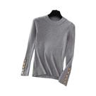 Suéter Feminino De Tricô Grosso Cáqui Com Gola O E Botões, Pulôver Slim Fit Macio Para Outono