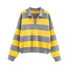 Suéter Feminino De Tricô Listrado Com Gola Polo Solto Estilo Europeu Americano Moda Outono Pulôver