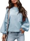 Suéter feminino EVALESS, manga lanterna de inverno, azul celeste M