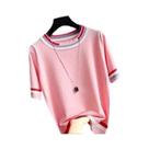 Suéter Feminino Listrado Fino De Verão, Pullover De Malha Com Mangas Curtas Elásticas, Roupas