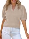 Suéter feminino Saodimallsu de manga curta, malha waffle, decote em V, primavera, verão, cortado, moderno, camisas fofas, blusas, cáqui claro Suéter feminino Saodimallsu de manga curta, malha waffle, decote em V, primavera, verão, cortado, moderno, camisas fofas, blusas, cáqui claro