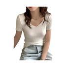 Suéter Feminino Slim De Malha Canelada Com Decote V E Manga Curta, Modelo Bodycon, Básico Liso, Suéter Feminino Slim De Malha Canelada Com Decote V E Manga Curta, Modelo Bodycon, Básico Liso,