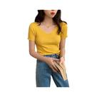 Suéter Feminino Slim De Malha Canelada Com Decote V E Manga Curta, Modelo Bodycon Básico Liso Para O