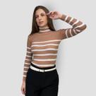 Suéter Feminino Tricot Canelado Listrado Manga Longa Básica