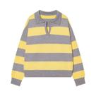 Suéter Feminino Vintage Listrado De Tricô Com Gola Polo E Manga Longa, Pullover Chic Para Outono E