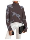 Suéter feminino WDIRARA com estampa de leopardo e tigre, gola alta, marrom