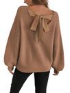 Suéter feminino ZAFUL, laço, malha grossa, gola redonda, marrom