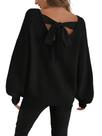 Suéter feminino ZAFUL, laço, malha grossa, gola redonda, preta
