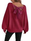 Suéter feminino ZAFUL, laço, malha grossa, gola redonda, vermelho, GG