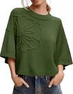 Suéter feminino ZOCPEONY de manga curta 3D Flower ArmyGreen-XS