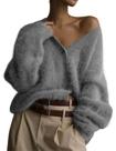 Suéter Flygo Fuzzy Mohair Cardigan com decote em V para mulheres cinza