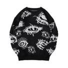 Suéter Masculino De Tricô Com Estampa Abstrata De Olhos, Gola Redonda, Casual, Outono/Inverno