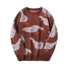 Suéter Masculino De Tricô Com Gola Redonda E Padrão Jacquard De Pato Fofo Para Outono/Inverno, Com