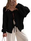 Suéter PRETTYGARDEN com Laço Frontal, Mangas Bufantes, Preto, M