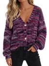 Suéter PRETTYGARDEN Listrado Peludo com Botões e Decote V Roxo G