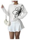 Suéter RoseSeek feminino, apliques florais 3D, tricotado, branco, preto