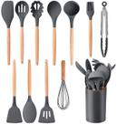 Super Jogo Colheres Conjunto Talheres Preto kit utensílios de cozinha jogo completo 12 peças silicone resistente- PRETO