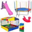 Super Kit de Brinquedos Cama Elástica 2,30 Piscina de Bolinhas 1,50m 500 Bolinhas Escorregador Médio Gangorra 1 Lugar