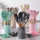 Super Kit Talheres Silicone Com Cabo De Madeira Kit Cozinha 12 Peças- PRETO