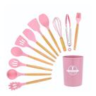 Super Kit Talheres Silicone Com Cabo De Madeira Kit Cozinha 12 Peças - ROSA