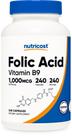 Suplemento Nutricost Ácido Fólico 1000mcg (Vitamina B9) - 240 Cápsulas