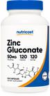 Suplemento Nutricost Gluconato de Zinco 50mg - 120 Cápsulas