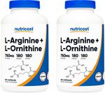 Suplemento Nutricost L-Arginina L-Ornitina 750 mg 180 cápsulas