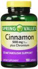 Suplemento Spring Valley Cinnamon 500 mg + Chromium 360 cápsulas