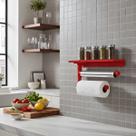 Suporte de Parede Porta Papel Toalhas e Prateleira para Temperos Cozinha Estilo Industrial Vermelho