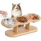 Suporte de tigela para animais de estimação de bambu elevado com 3 tigelas de aço inoxidável