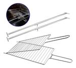 Suporte Extensor Para Churrasqueira Espetos Grill + 1 Grelha Dupla Abaulada Peixes Frangos Carnes e Assados