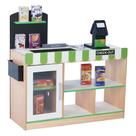 Suporte interativo de madeira Teamson Kids Cashier Austin com luzes e sons, correia transportadora manual, espaços de registro e exibição, decoração verde e branca em madeira natural