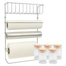 Suporte Organizador Aço Cromado Porta Rolos e 5 Potes Vidro Hermético Borossilicato Tampa Bambu 90ml - Mundial Casa Suporte Organizador Aço Cromado Porta Rolos e 5 Potes Vidro Hermético Borossilicato Tampa Bambu 90ml - Mundial Casa