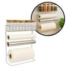 Suporte Para Cozinha 4 em 1 Aço Cromado Porta Rolos com 5 Potes Vidro Hermético Tampa Bambu 90ml - Mundial Casa Suporte Para Cozinha 4 em 1 Aço Cromado Porta Rolos com 5 Potes Vidro Hermético Tampa Bambu 90ml - Mundial Casa