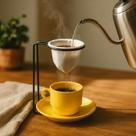 Suporte para Mini Coador de Café com Xícara e Pires Preto com Amarelo Coador de Café Suporte, Coador e Xícara com Pires Suporte para Mini Coador de Café com Xícara e Pires Preto com Amarelo Coador de Café Suporte, Coador e Xícara com Pires