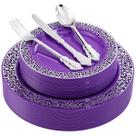 Suprimentos de festa U-QE, pratos de plástico prateado roxo, 150 unidades