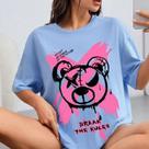 T-shirt Oversized Feminina Estampada Desenho Urso Escrita Frase Break The Rules Estilo Rua Streetwe