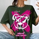 T-shirt Oversized Feminina Estampada Desenho Urso Escrita Frase Break The Rules Estilo Rua Streetwe